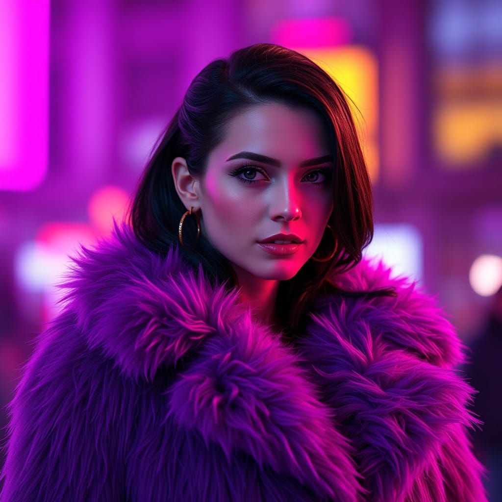 Woman in a Lavender Fur Coat, Dollette Aesthetic with Neon A...