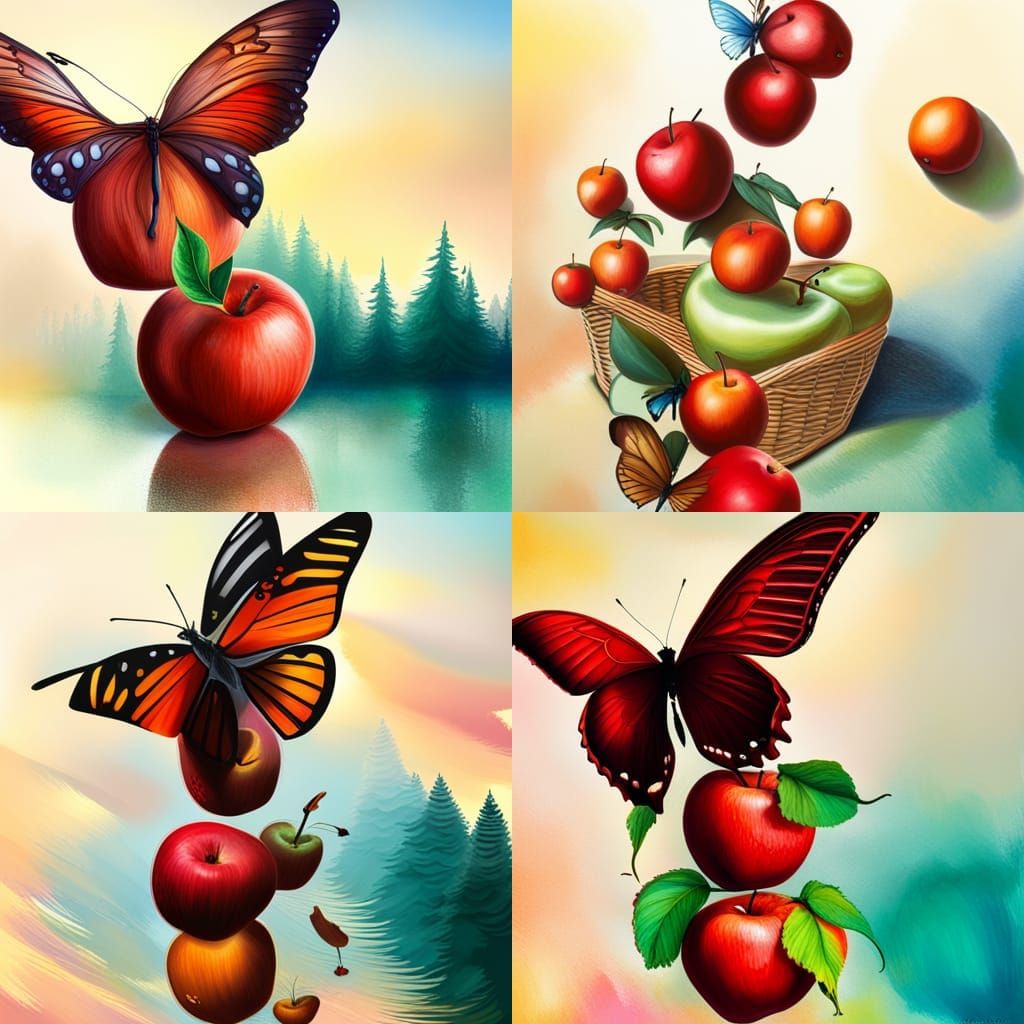 Drawing apples baskets forest butterflies
