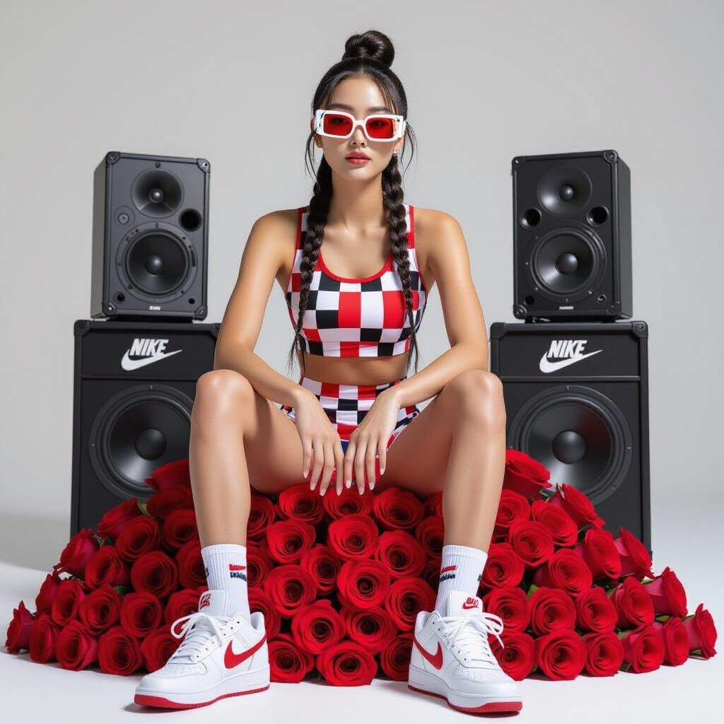 Beautiful Korean Woman Surrounded by Roses and Speakers