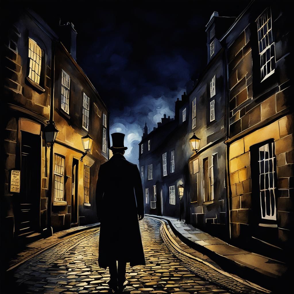 Edinburgh Cobbled Street at Night in Digital Watercolor