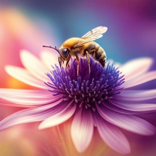 Delicate Bee on Colorful Flower, Detailed Photography
