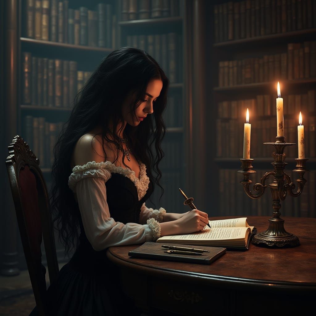 Elegant Horror Writer Enveloped by Mystical Darkness