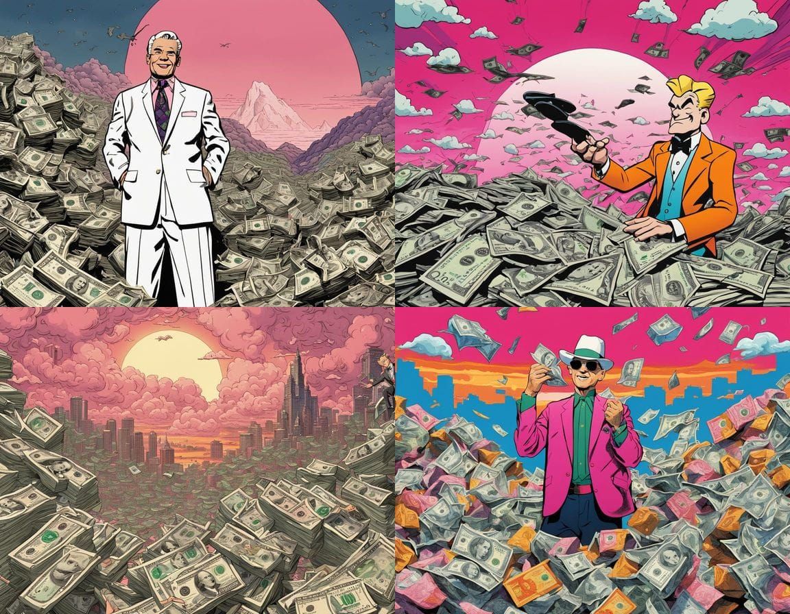 Richie Rich in a Canvas of Dollar Bills and Pink Clouds