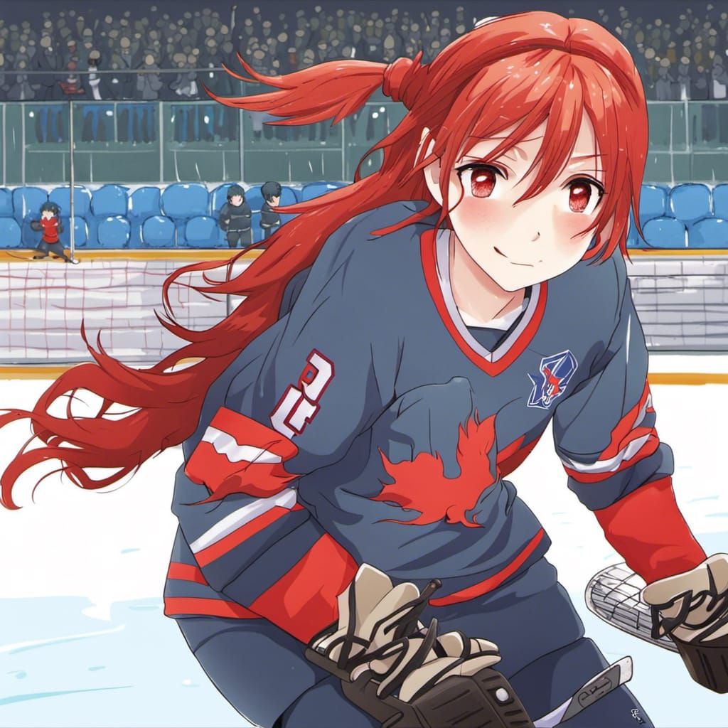 Red-Haired Hockey Player in Anime Style