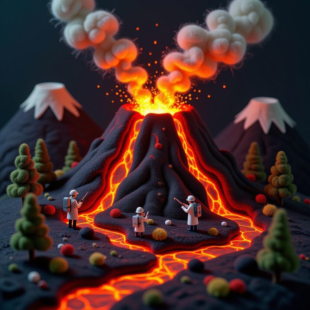 Needle-Felted Volcano Diorama with Miniature Scientists