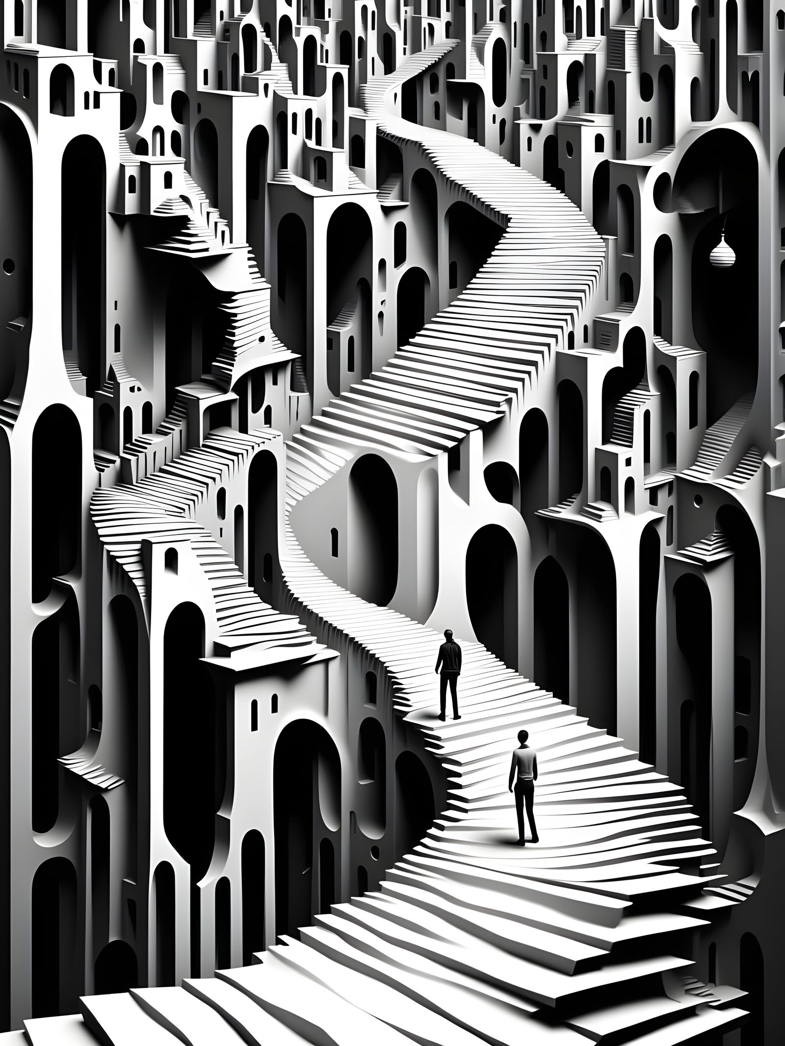 Impossible Staircase Architecture in Op-Art Style