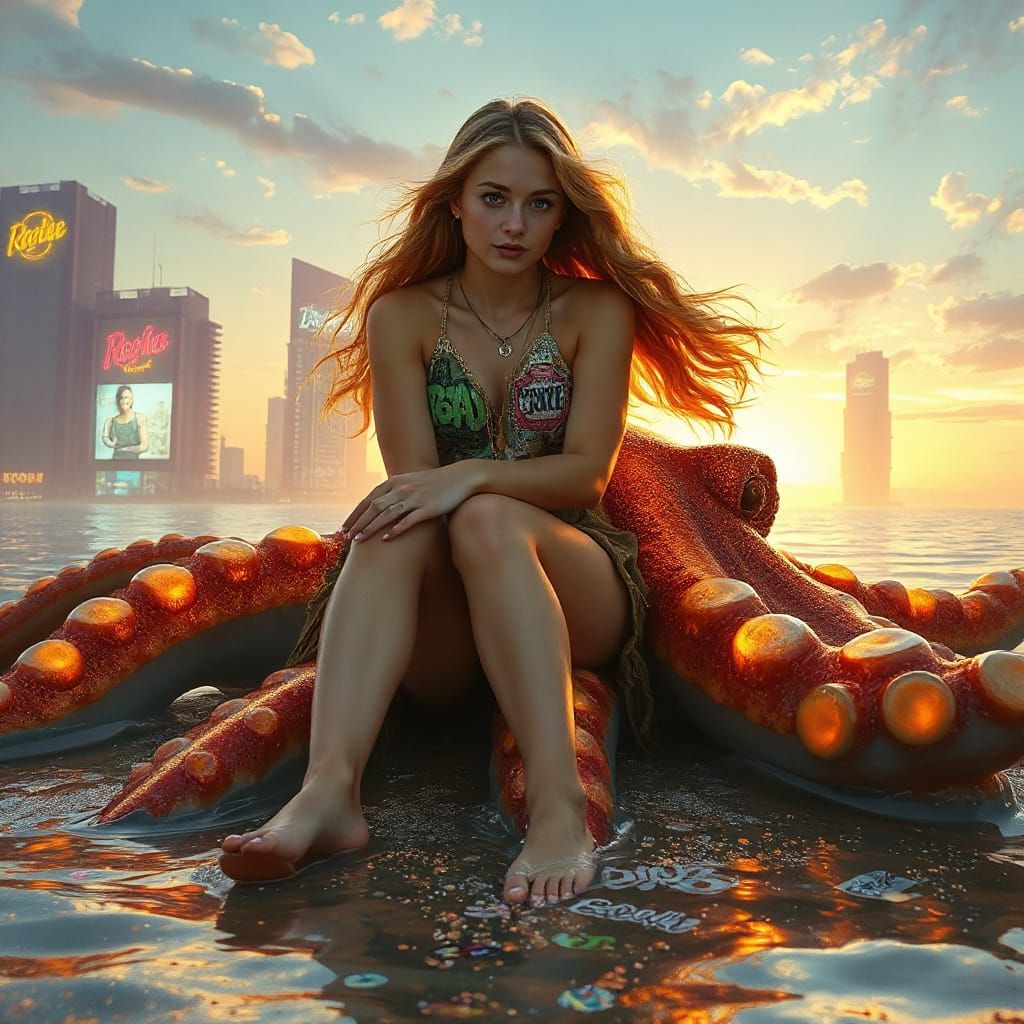 Golden-Haired Woman on Iridescent Squid in Surreal Soda Sea