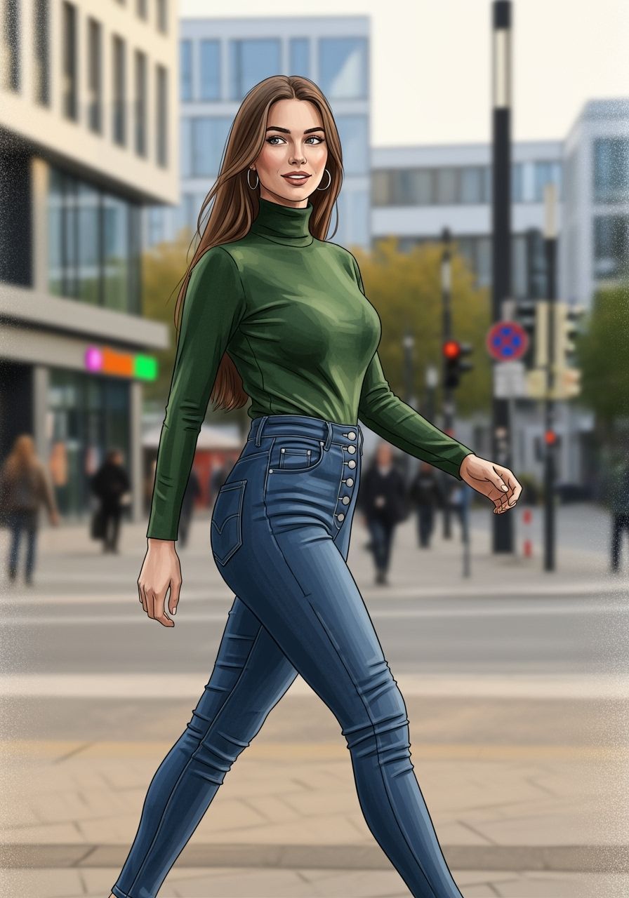 Confident Woman Strolling Through City in Digital Painting S...