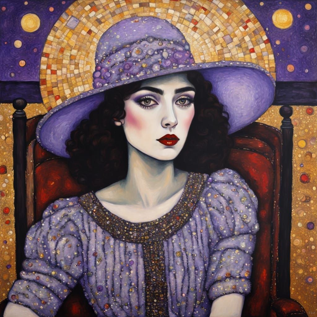 Glamorous Woman in Lavender Glittery Dress, Klimt Style