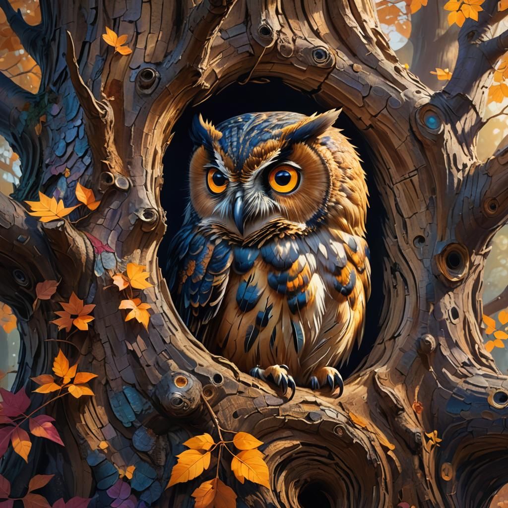 Eerie Owl Eyes Peer from Hollow Tree