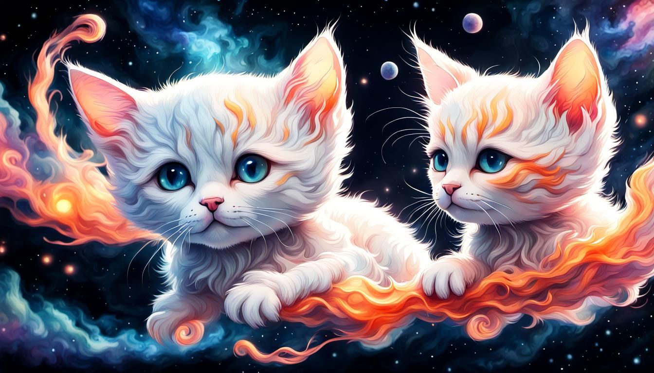 Ethereal Kittens Float in Space: Watercolour Fantasy Art