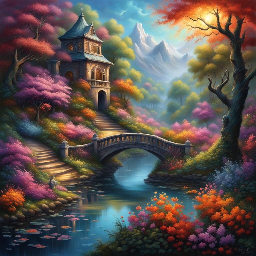 Colorful Paint Buckets Swirl Above Painter: Fantasy Art