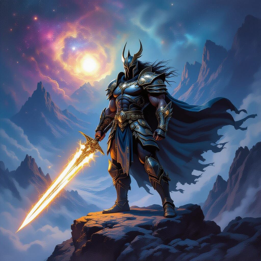 Epic Fantasy Warrior in Cosmic Battlefield