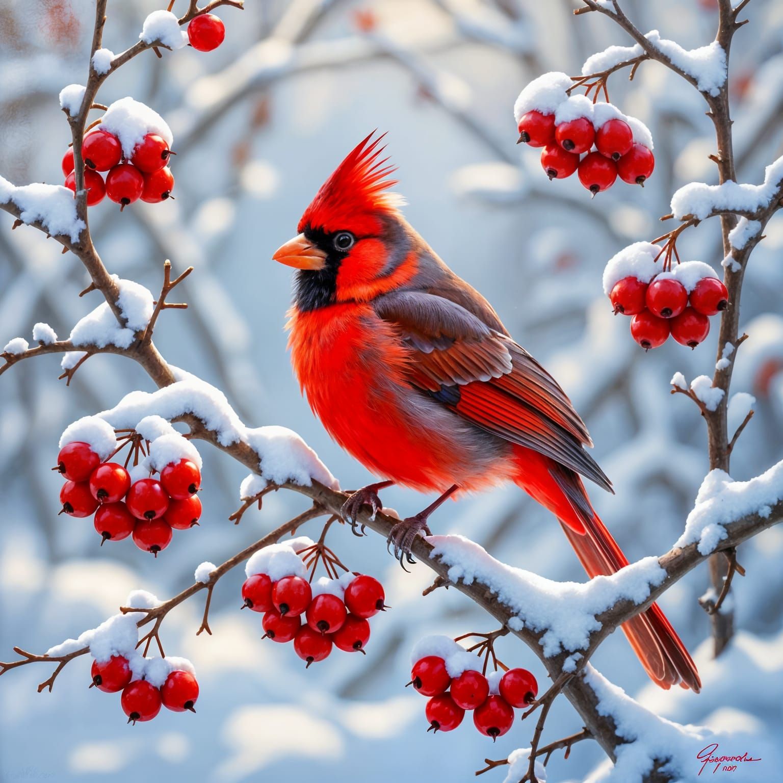 Cardinal in Winterberry Scene, Realist Bird Painting
