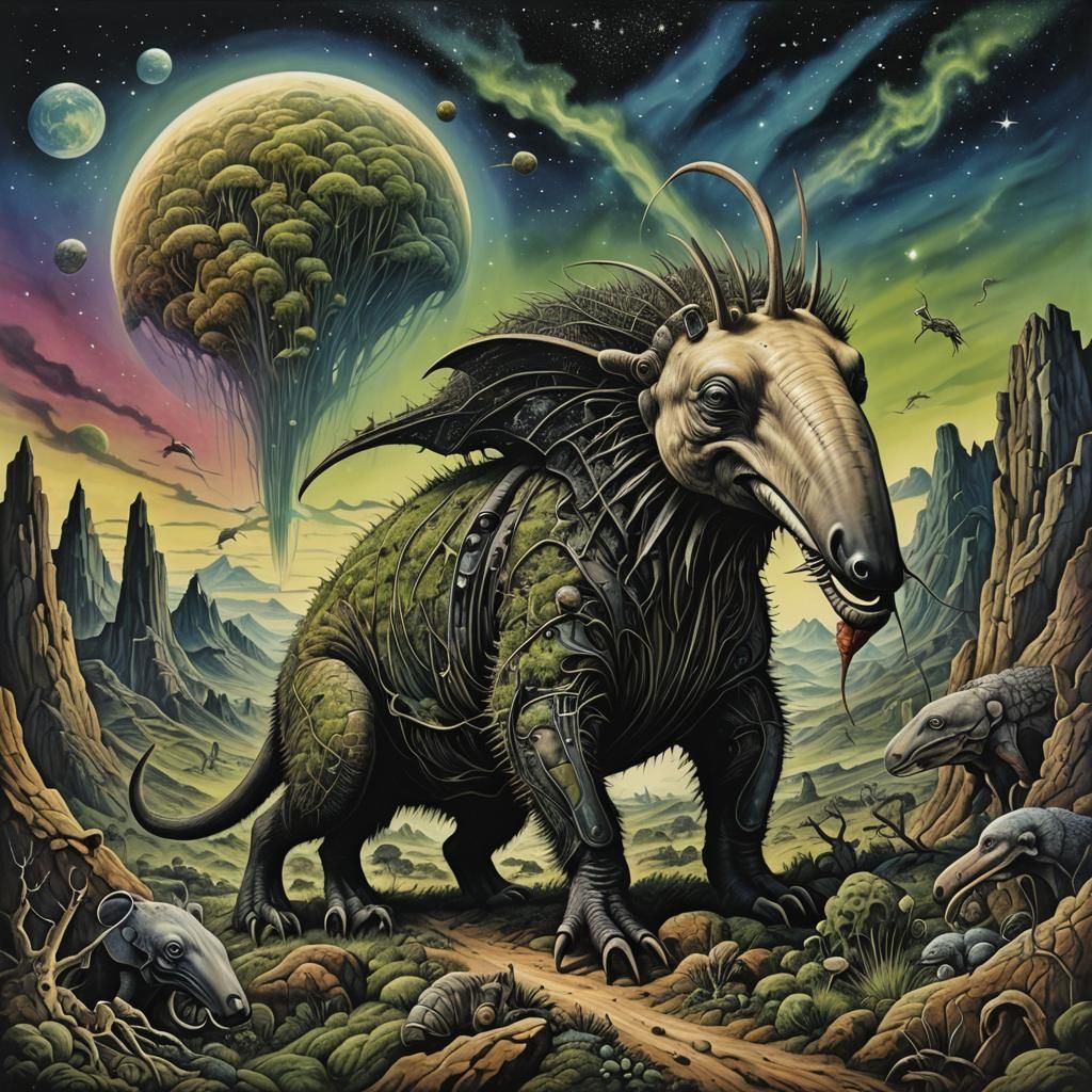 Whimsical Alien Anteater in Distorted Space