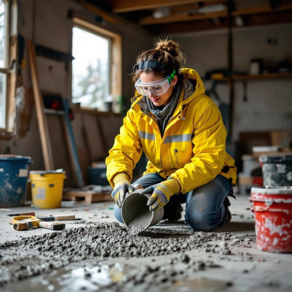 Woman Pouring Concrete in Garage: Industrial Photography