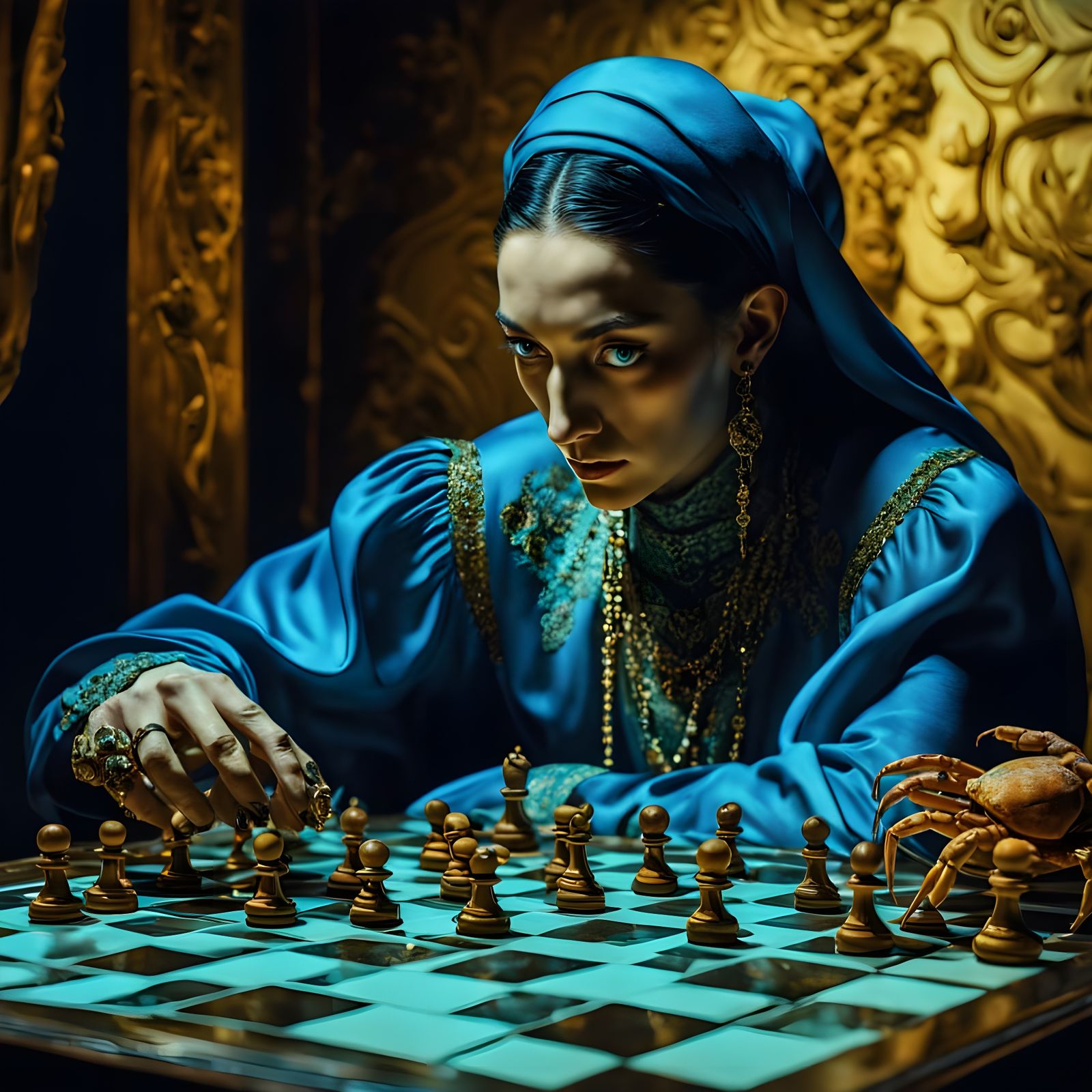 Chess Match: Maiden Versus Crab in Allegorical Scene