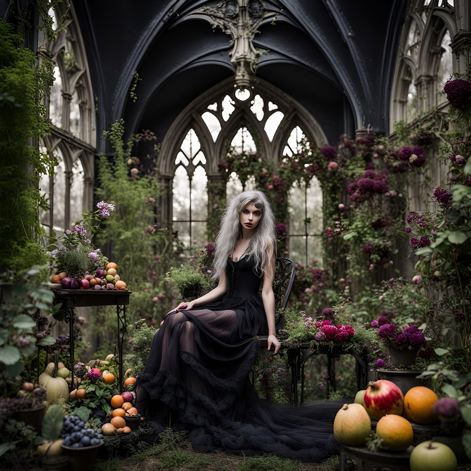 A beautiful Gothic inspired urban Garden with multi layered beds of Gothic flowers and fruits being tended my Gothic fai...