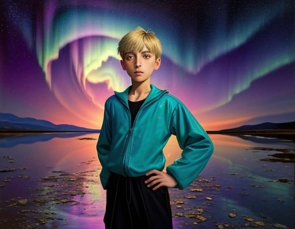 Creepy Child Boy in Golden Hour Cosmic Zen with Aurora Borea...