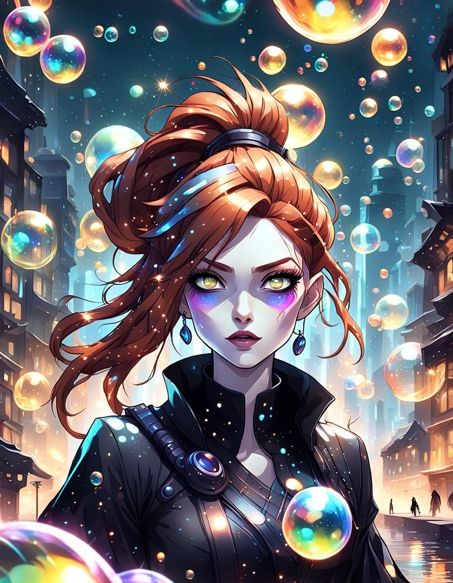Anime Villain in Futuristic City with Bubbles
