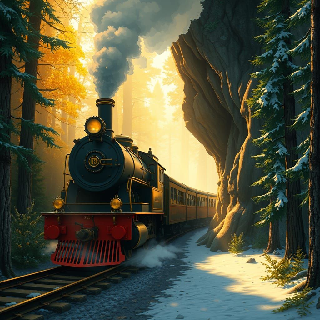 Vintage Train Travels Through Warm to Cold Forests