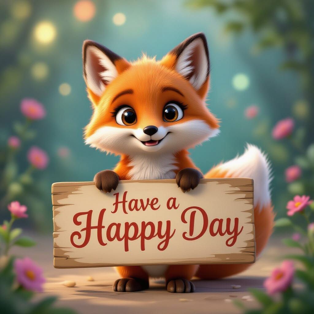 Cute Cartoon Fox Holding 'Happy Day' Board in Cinematic Styl...