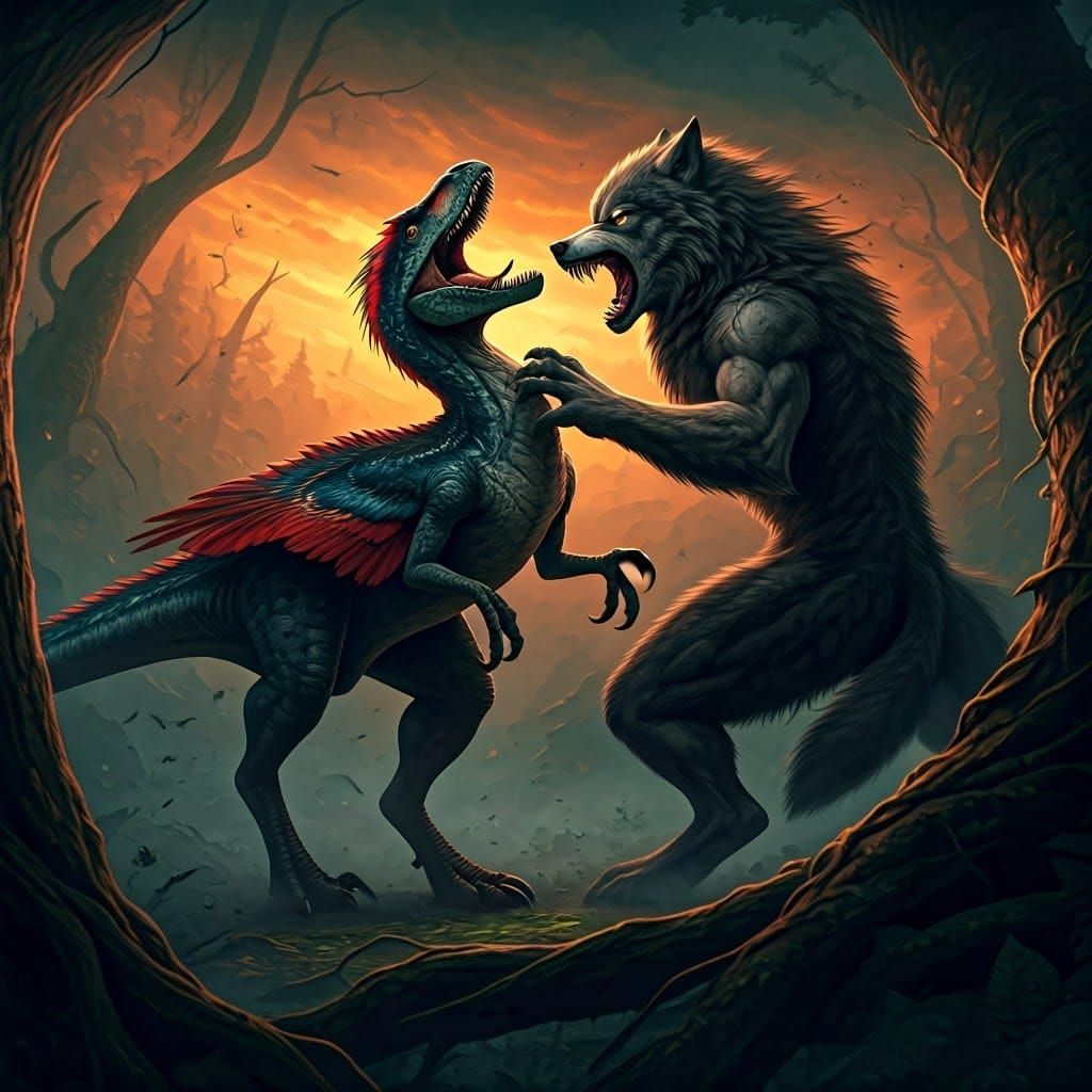 Velociraptor vs Werewolf: Primal Battle in Ancient Forest