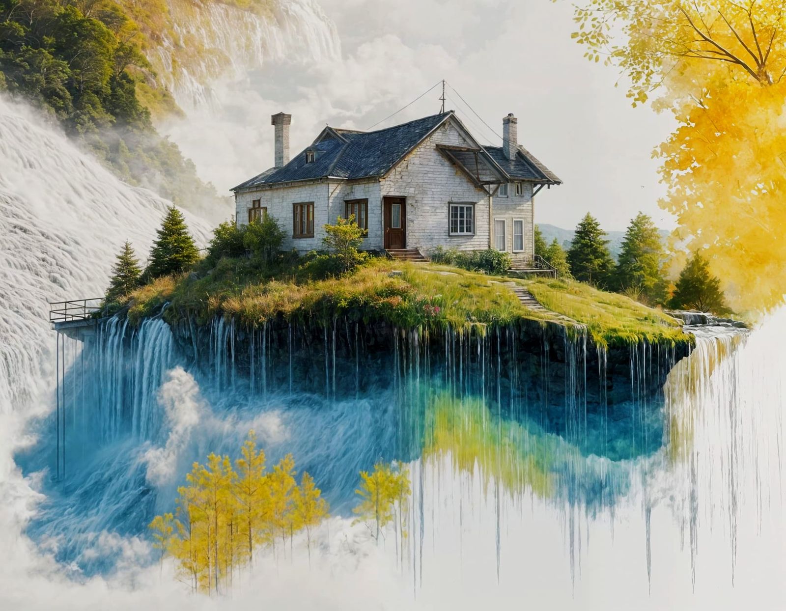 Lonely House Beside Majestic Waterfall
