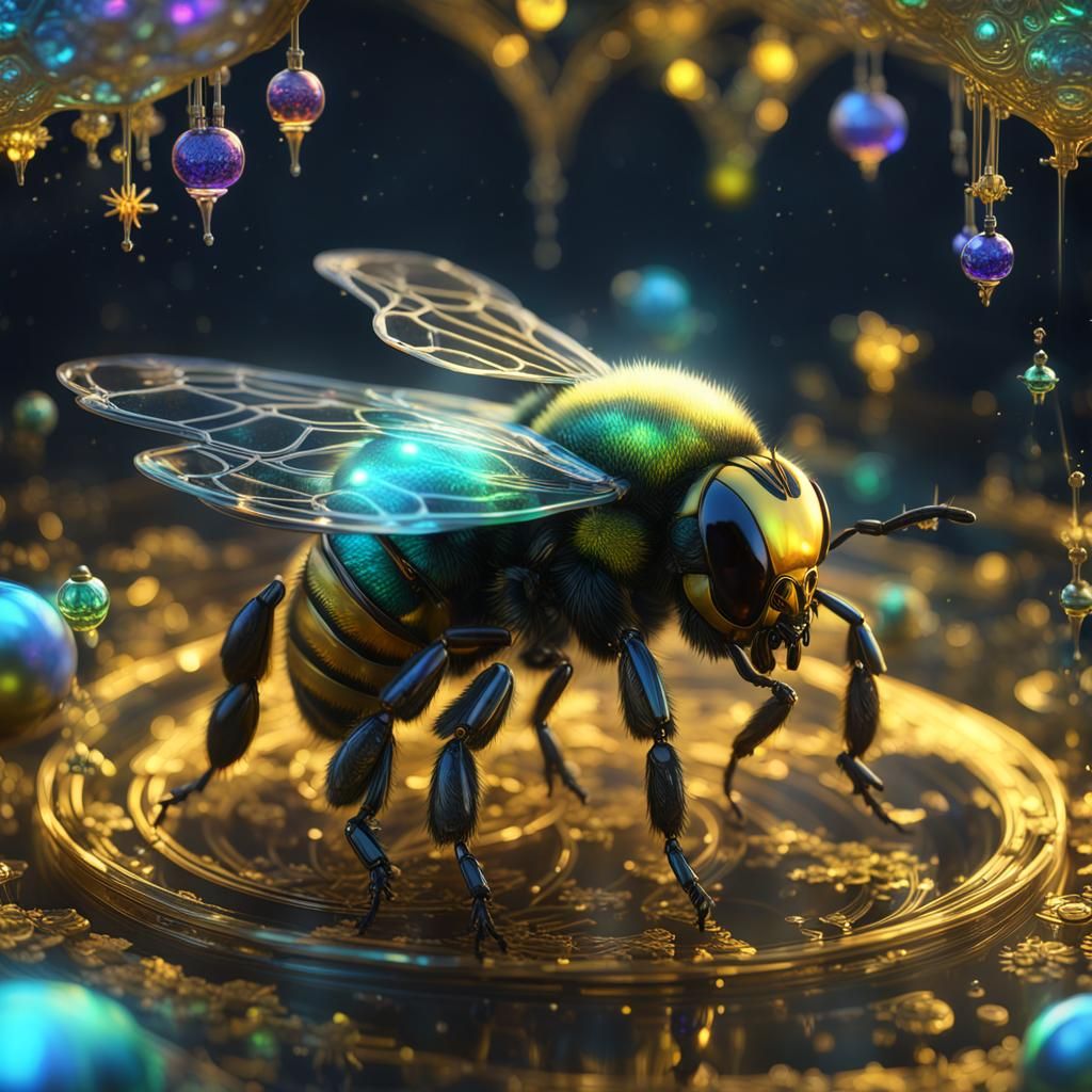 Iridescent Glass Bee with Holographic Glow