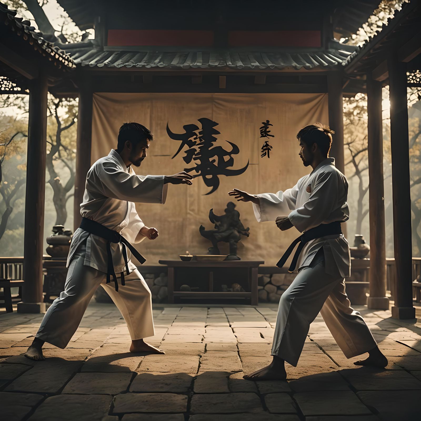 Dramatic Karate Masters Silhouette in Oriental Setting