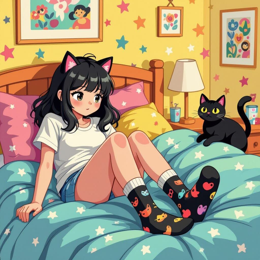 Teenage Girl in Pop Art Bedroom with Black Cat