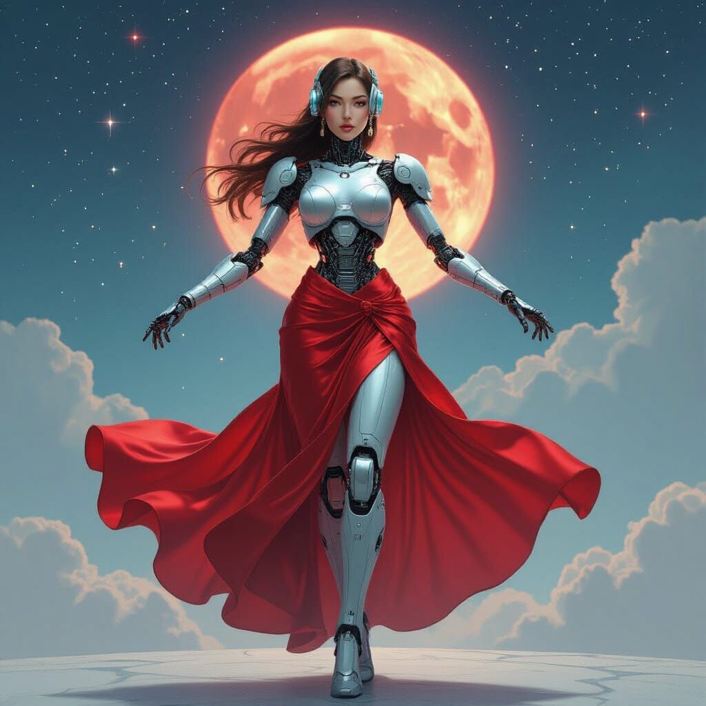 Robot Dances Under Starry Sky in Neon Style