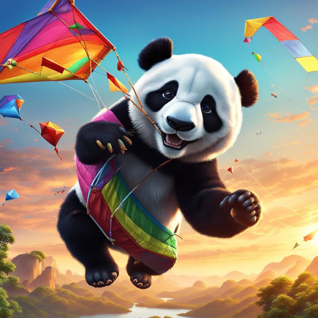 Animated Panda Flying a Kite in Morning Sky