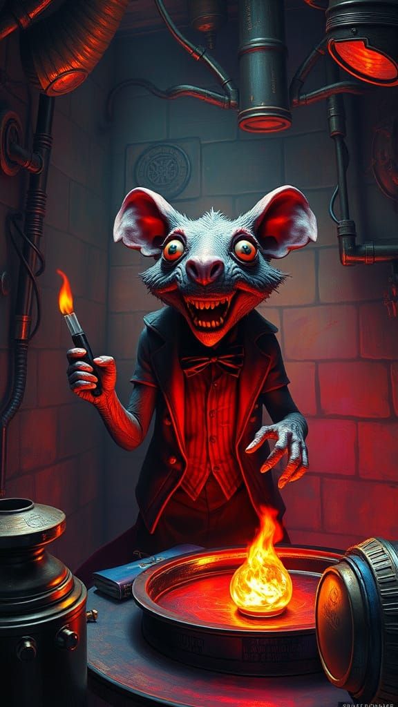 Burgundy Rat Specter in a Boiler Room Tim Burton contrasting...