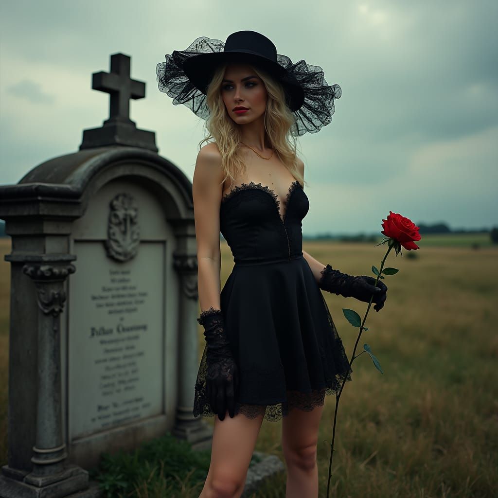 Dramatic Widow with Rose in Cinematic Style