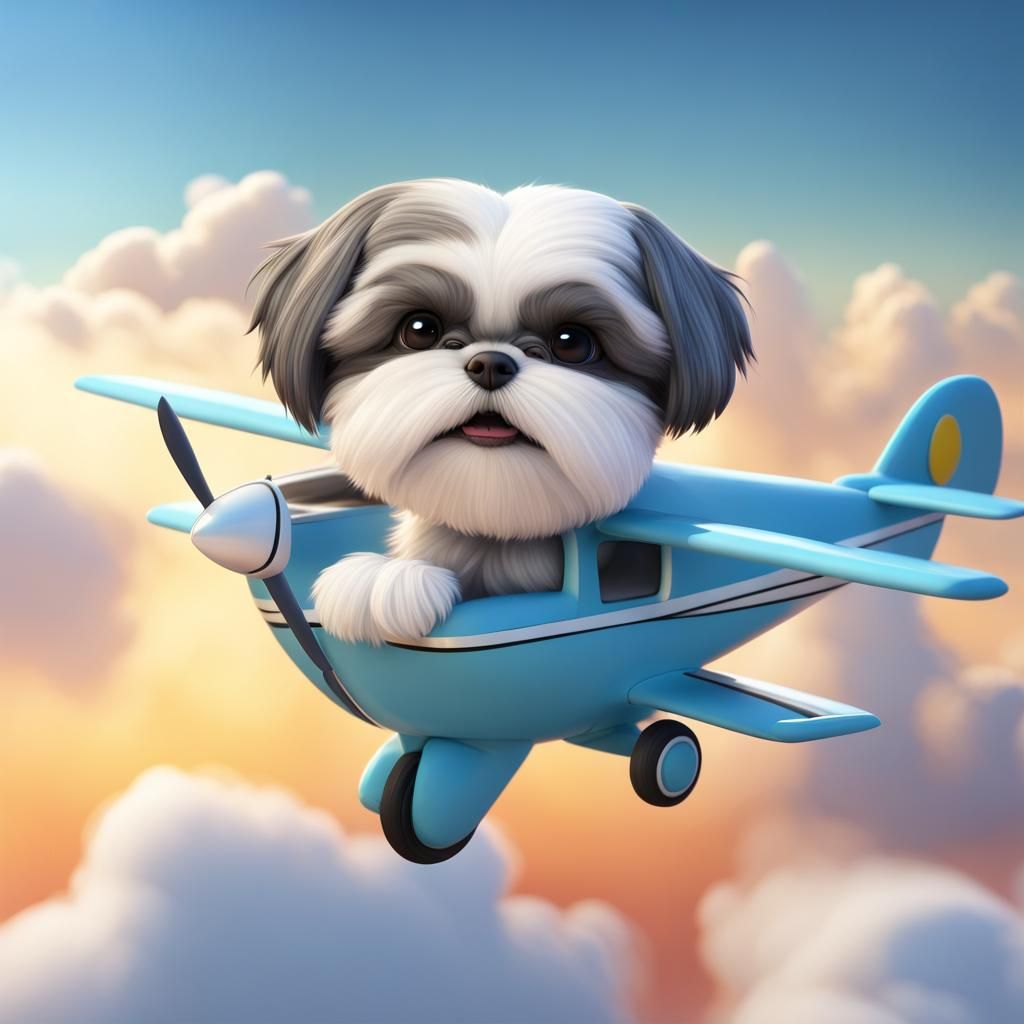 Shih Tzu Pilot Flying Plane: Pixar Style