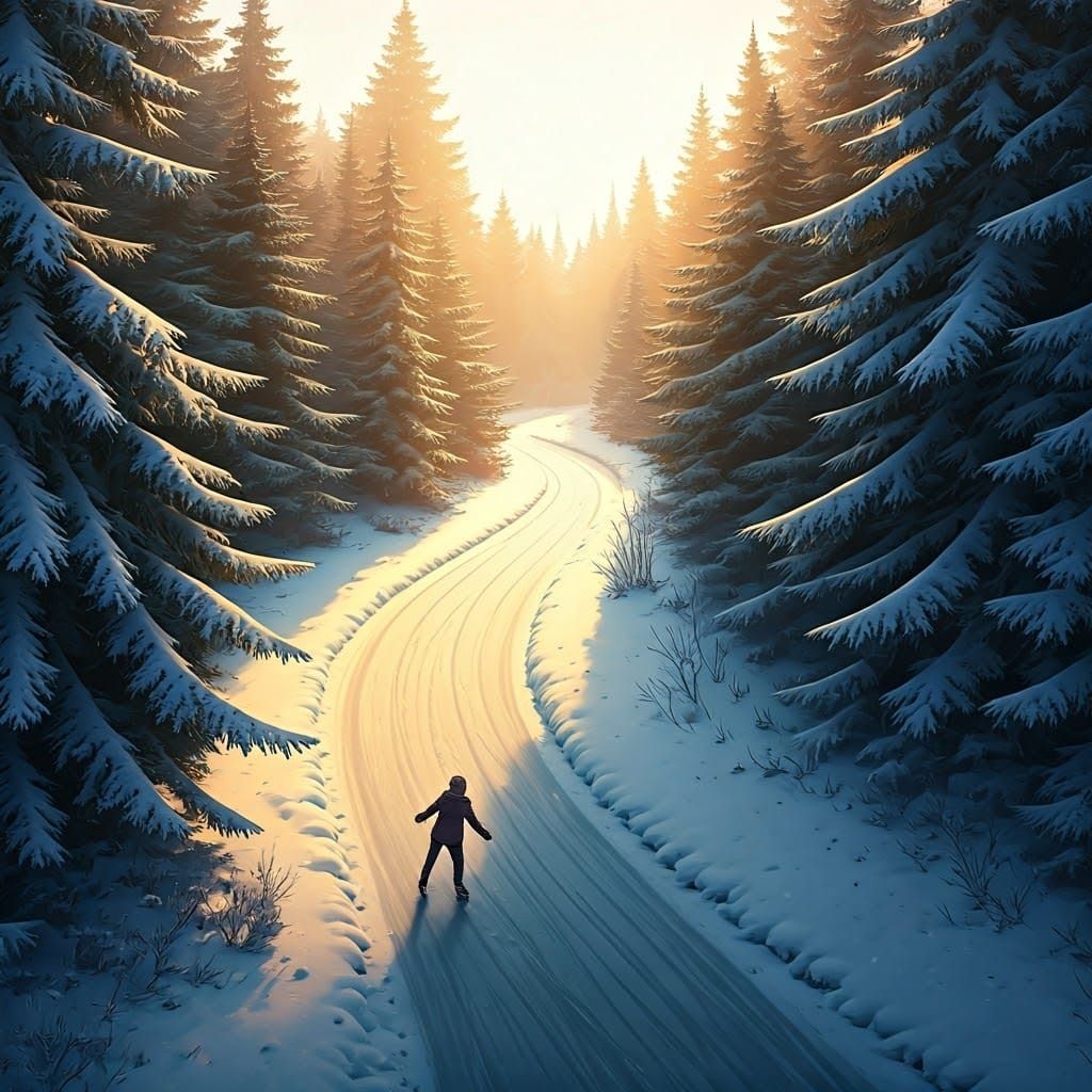 Winter Forest Trail Ice Skating Scene in Whimsical Watercolo...