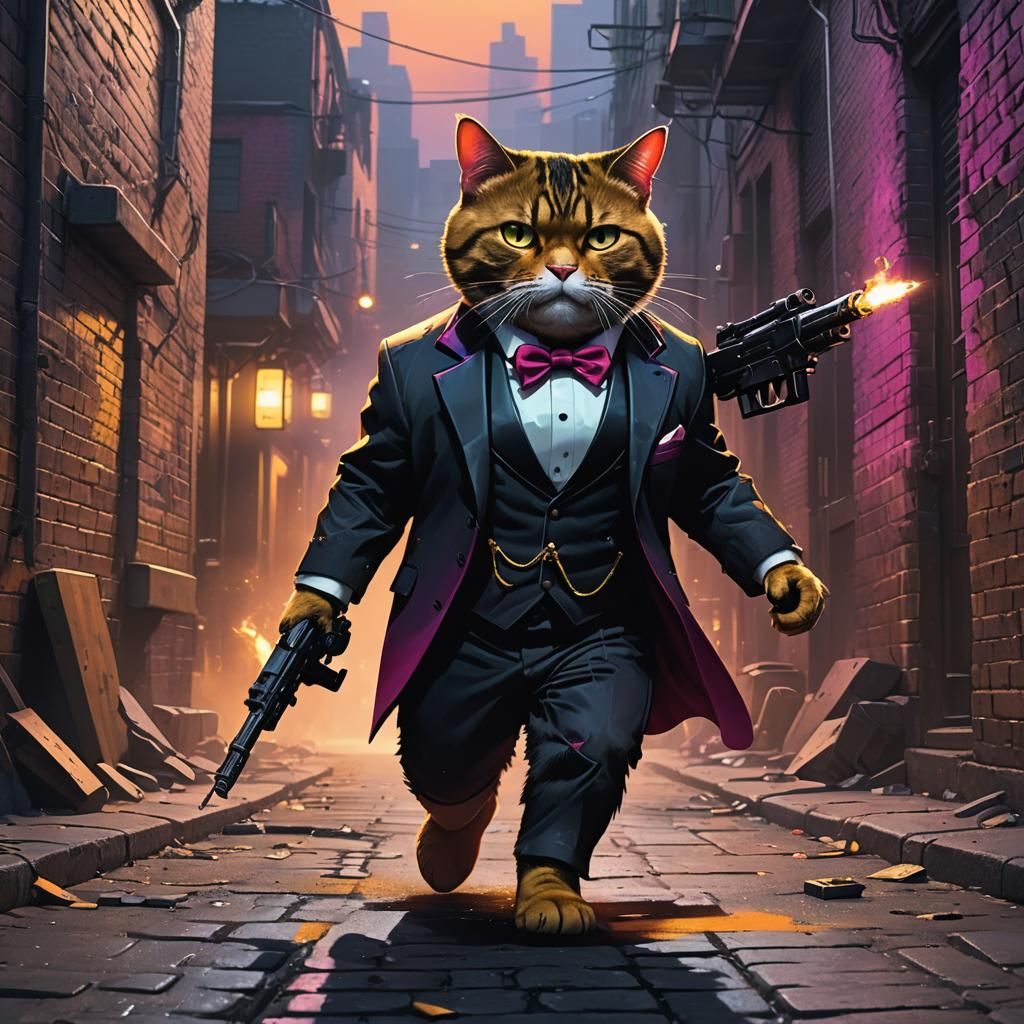 Sci-Fi Fat Cat Assassin in Dark Alleyway