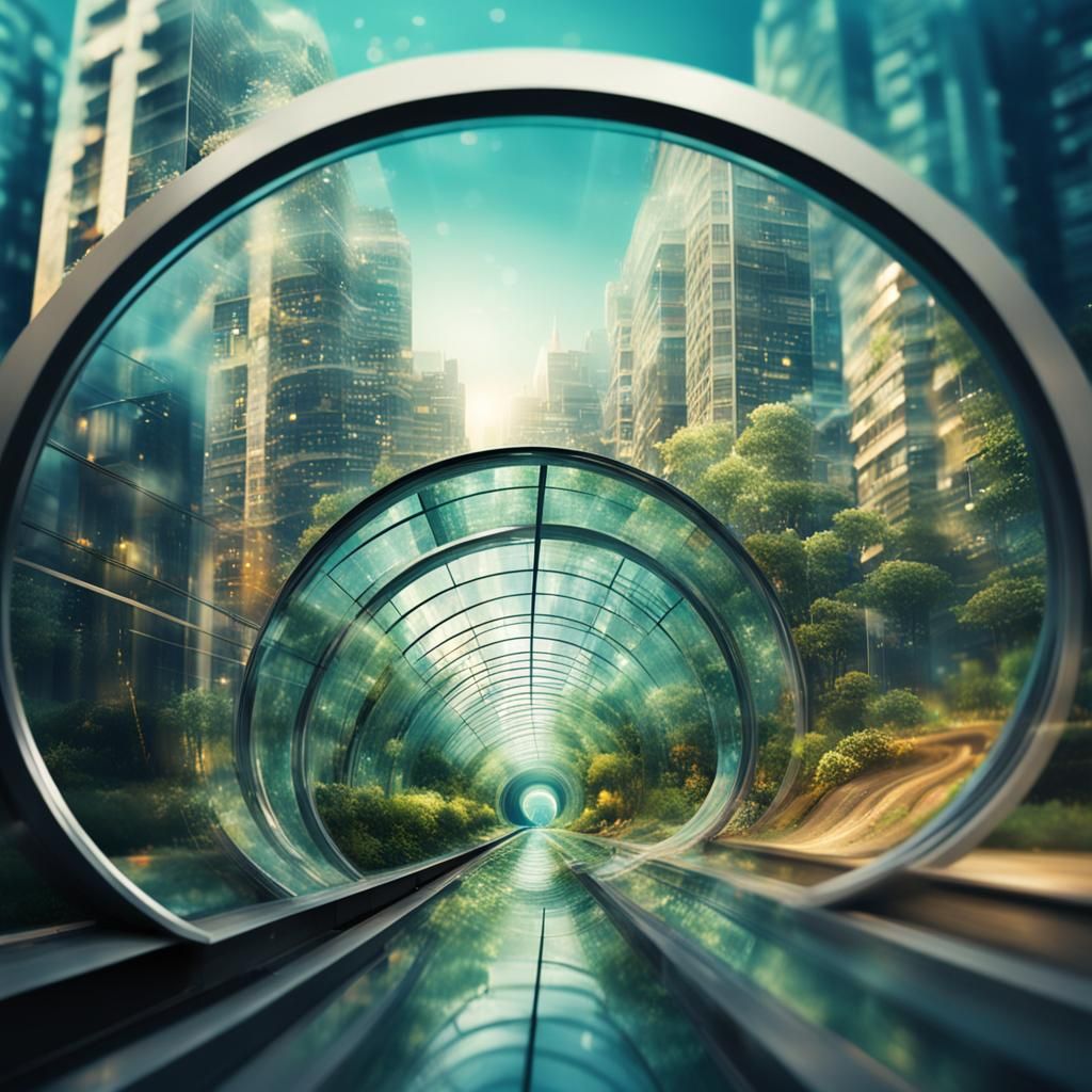 Underwater Cityscape with Glass Tunnel in Professional Photo...