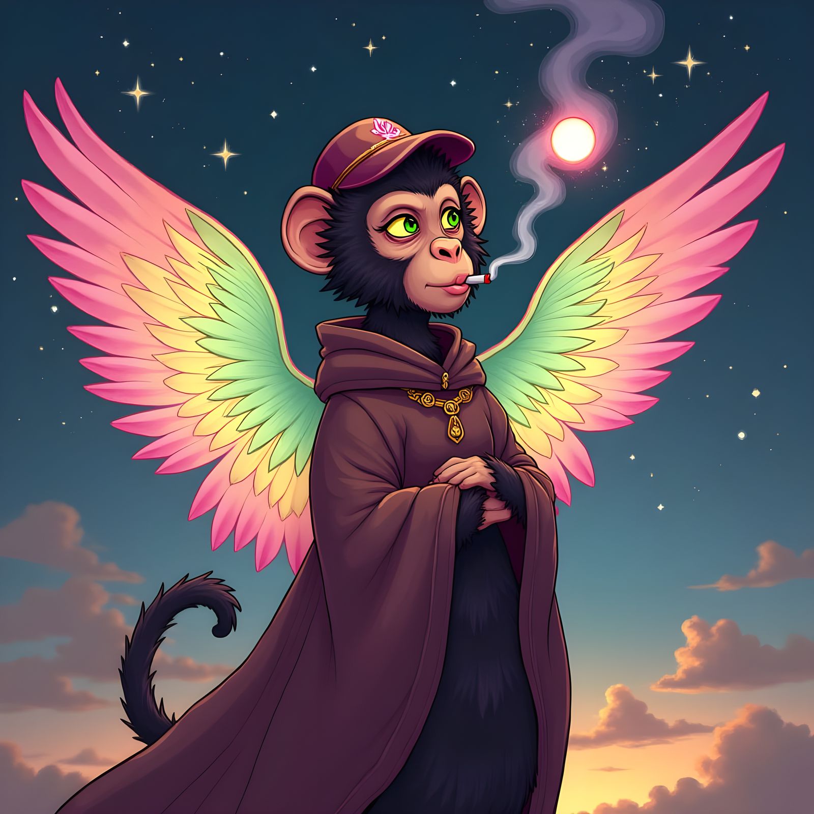 Feminine Primate Figure with Wings Smoking a Joint