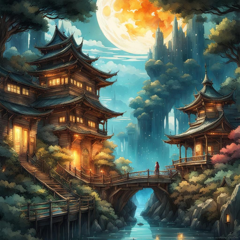 Anime Landscape with Sun, Moon, and Epic Architecture
