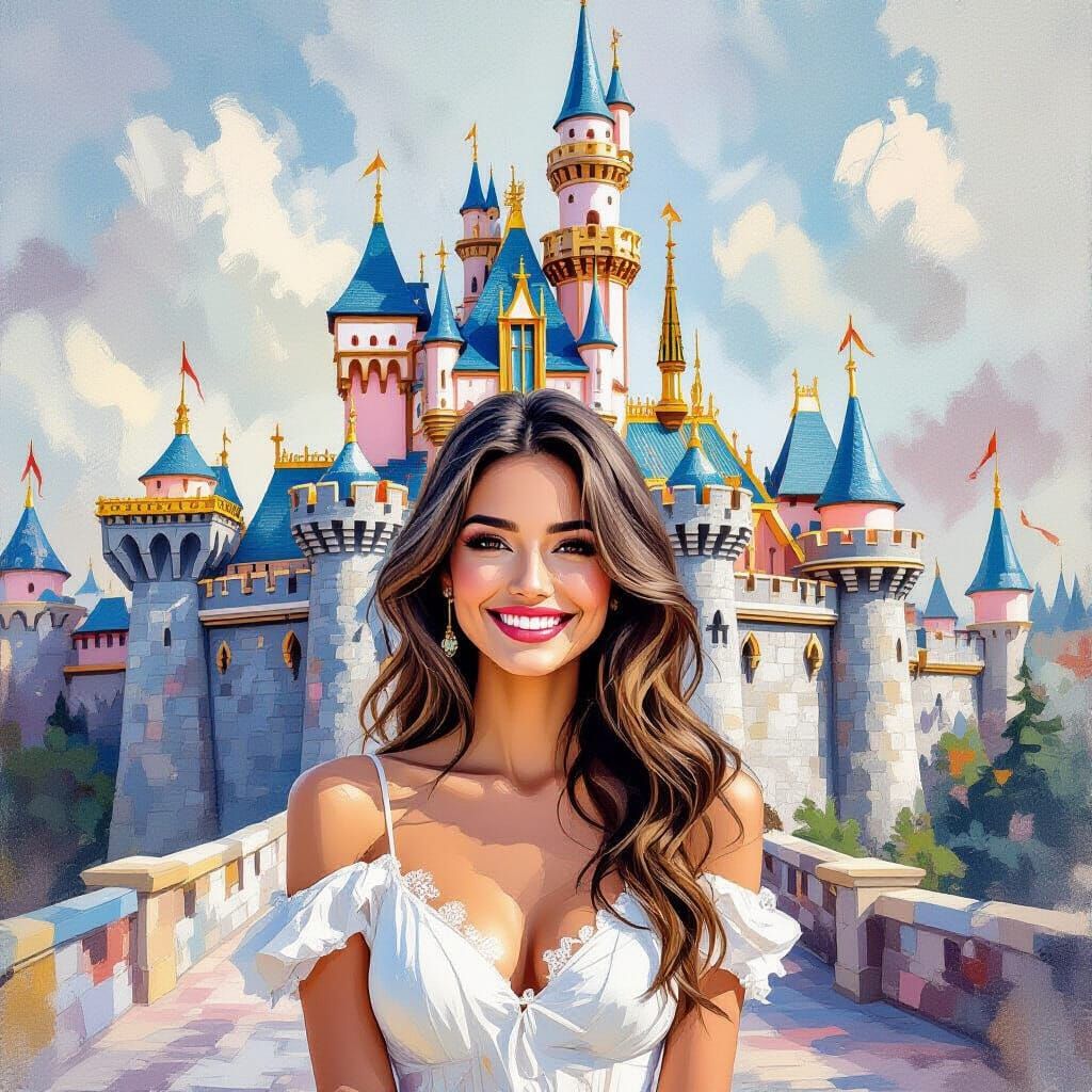 Dreamy Castle Scene with Woman in Impasto Gouache Style