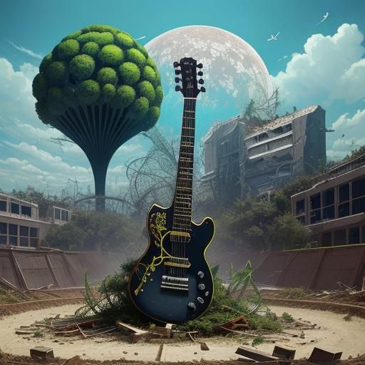 Surreal Guitar Landing During Earthquake: Digital Art
