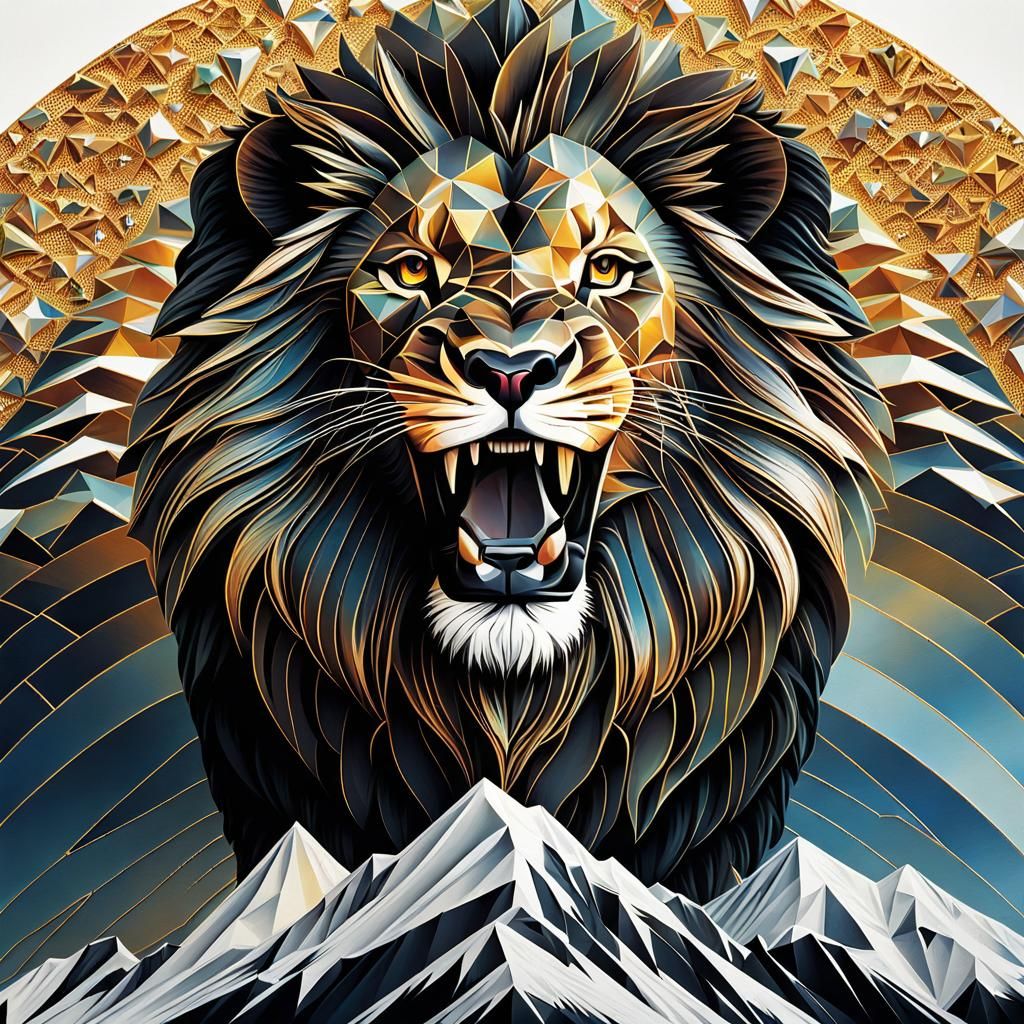 Geometric Lion Roaring on African Mountain