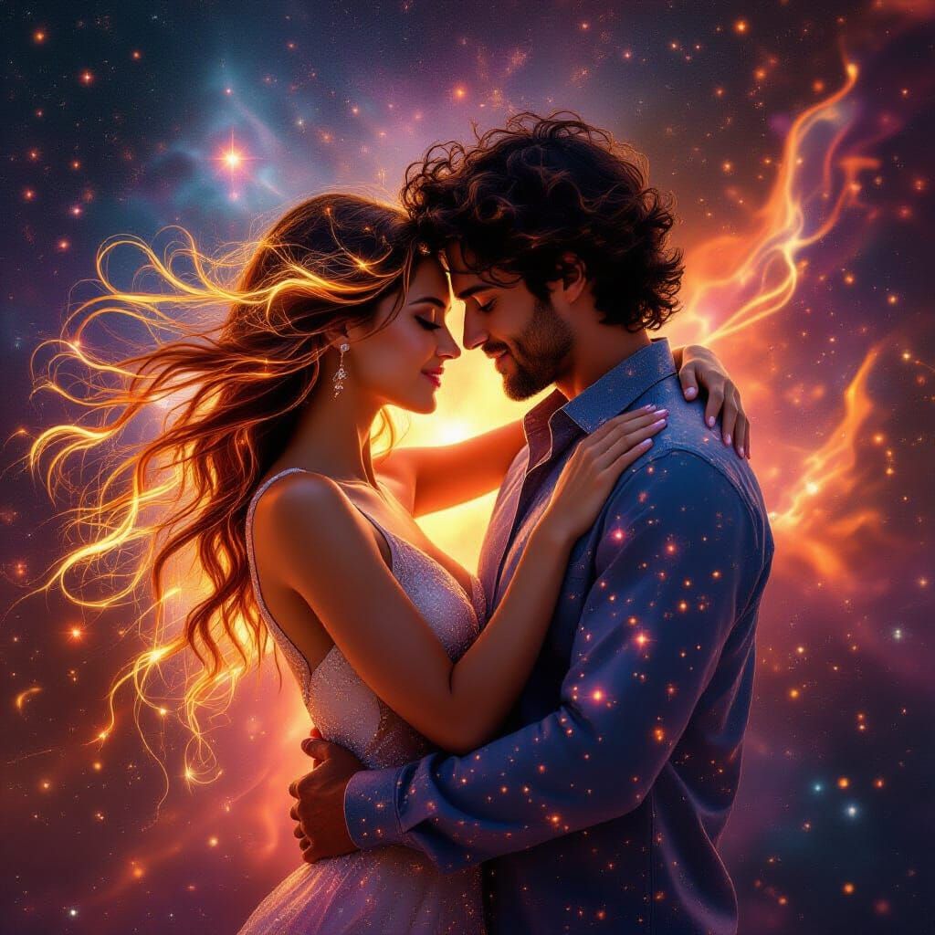 Cosmic Embrace of Stardust Beings in Vibrant Dreamlike Style