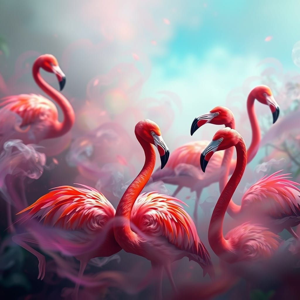 Ethereal Flamingos in Vibrant, Dreamy Landscape