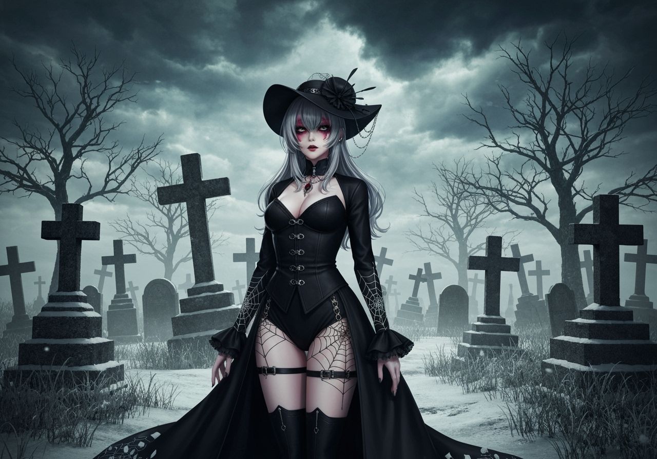 Gothic Manga Woman in Winter Graveyard