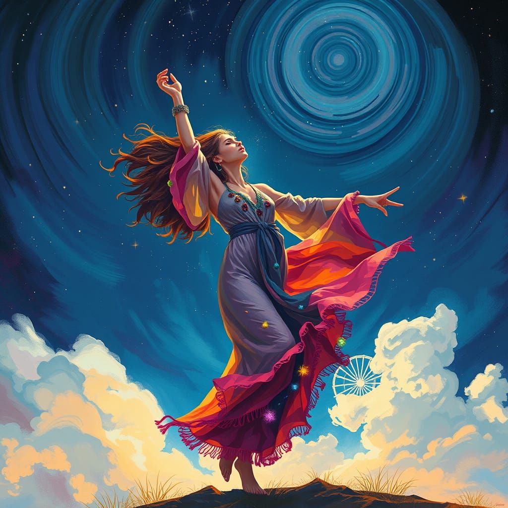 Dreamy Bohemian Woman Dancing Under Starry Night Sky