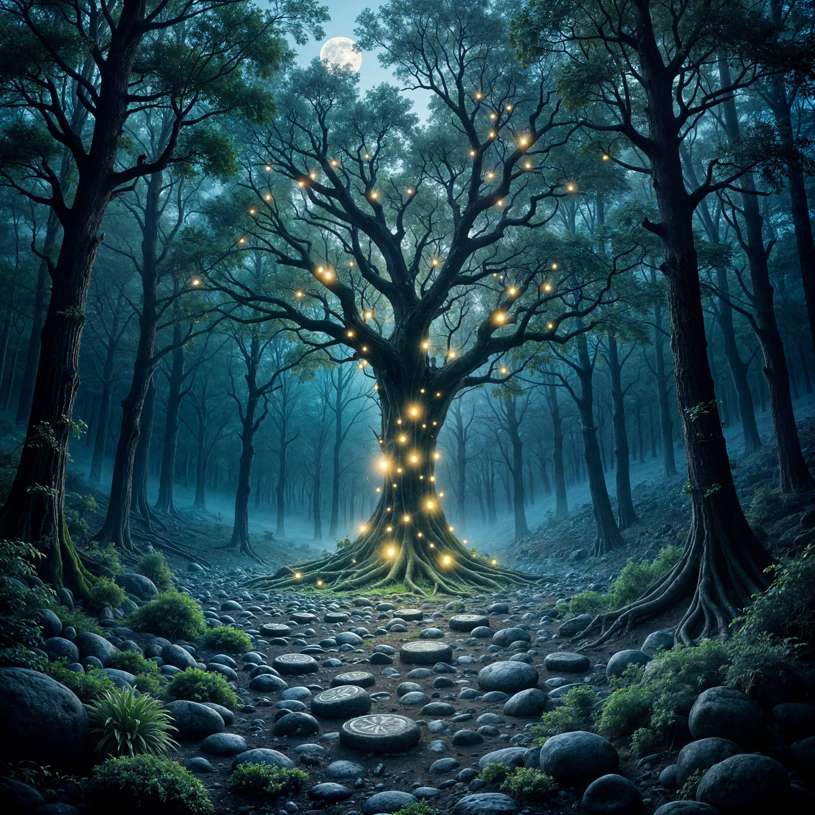 Mystical Forest Clearing at Twilight with Glowing Oak Tree