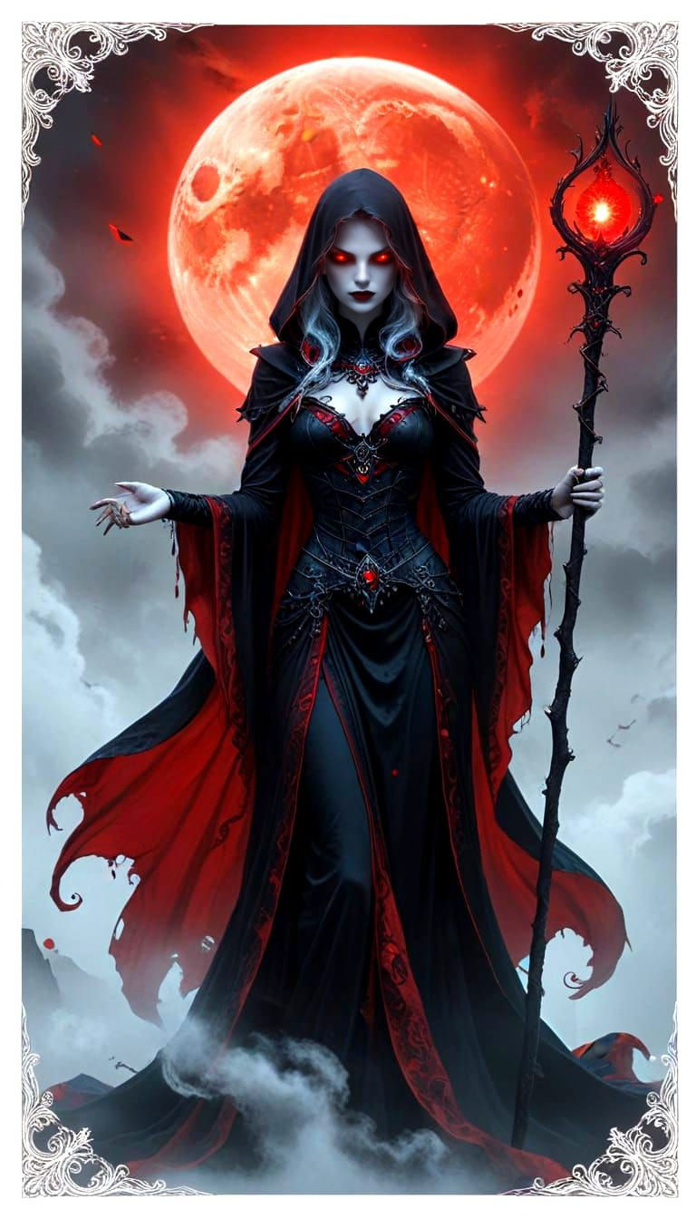 Mysterious Dark Enchantress Under Crimson Moon